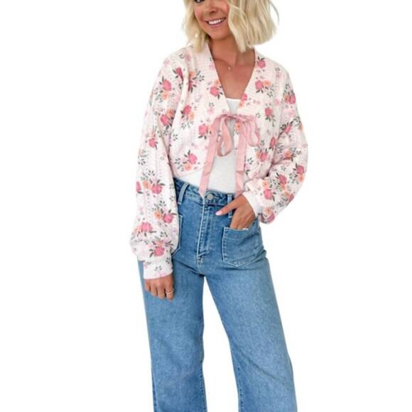 Storia Vintage Style Floral Cropped Knit Cardigan Sweater with Ribbon Tie Large - Picture 8 of 8